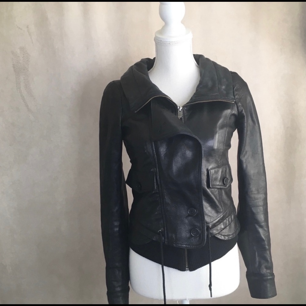 Theory Borie Black Leather Bomber Jacket XS